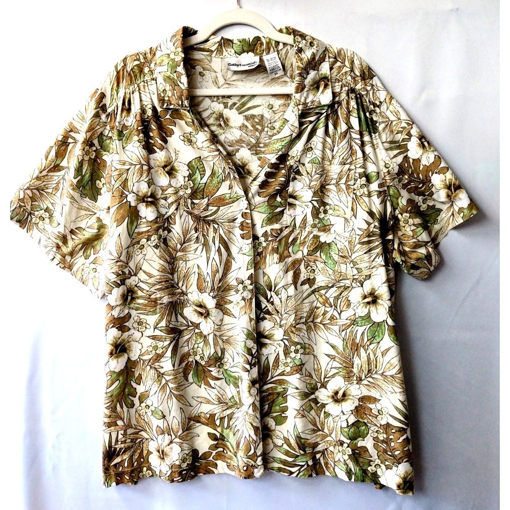 Cathy Essentials Tan Green Hawaiian Shirt Boho Vintage Retro 3X Feminine Cut